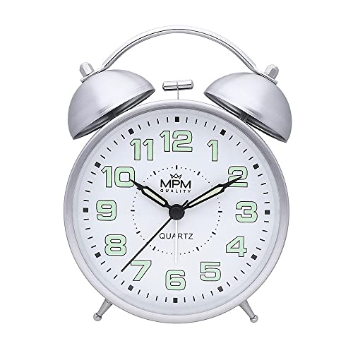MPM Quality, Cooper Colour Alarm Clock, Silver, Retro Analogue Decoration, Luminising Numbers, Double Alarm, Vintage, Quartz Movement, Night Light Function, 150 x 110 x 53 mm