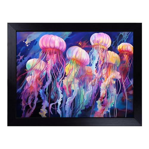 Lap Tray with Bean Bag Cushion, Jellyfish Abstract - Handmade in the UK, Raised Wooden Edge, Padded Cushion, Heat-Resistant Wipe-Clean Surface, for Meals, Laptops and Crafts