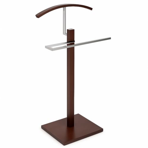 TAISSU - Valet Stand Mod. VAREN - Chrome and Wood Finish - With Top Hanger and Pants Bar - 47 x 35 x 111 cm - Stainless Steel and Wood - Bedroom Coat Rack