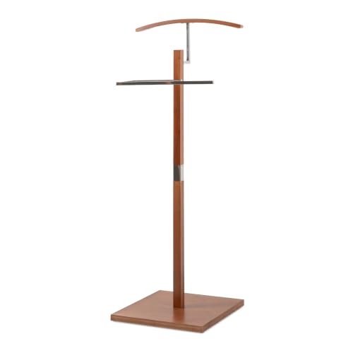 TAISSU - Valet Stand Mod. VAREN - Chrome and Wood Finish - With Top Hanger and Pants Bar - 47 x 35 x 111 cm - Stainless Steel and Wood - Bedroom Coat Rack, Walnut