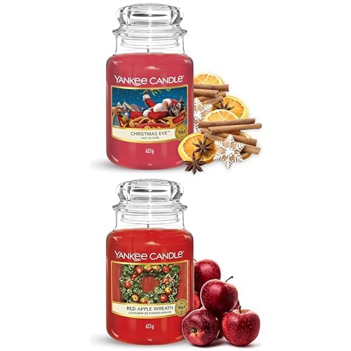 Bundle of Yankee Candle Scented Candles - Christmas Eve Large Jar Candle - Red Apple Wreath Large Jar Candle - Long Burning Scented Candles: up to 150 Hours