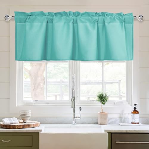 XWZO Kitchen Valances Curtains for Windows Living Room Bedroom Bathroom Toppers Farmhouse Style Rustic Dinning Room Blackout Thermal Insulated Rod Pocket, W60 x L18 Inch Length, Turquoise, 1 Panel.