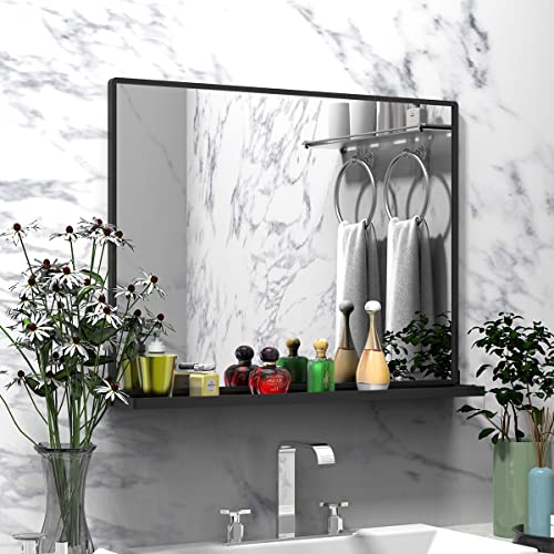 WONSTART Black Wall Mirror with Shelf, Rectangular Bathroom Mirrors for Wall with Metal Frame, Hanging Horizontal or Vertical (80x62cm)