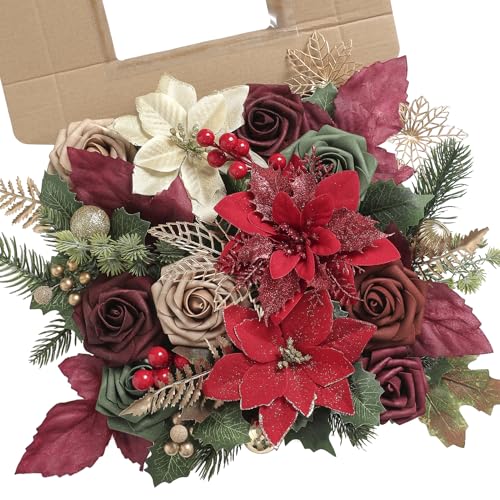 rongflower Christmas Flowers Artificial,Red Poinsettias Artificial Christmas Flowers and Greenery Deluxe Combo Set for DIY Tree Ornaments Xmas Wreath Floral Arrangements Centerpieces
