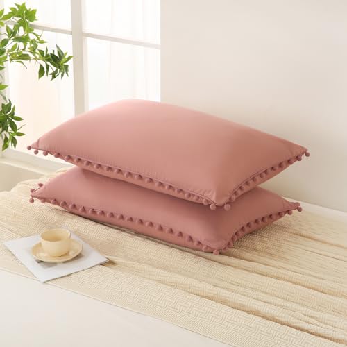 Bean Paste Pink Pom Poms Pillow Cases, Boho Pillowcases Set of 2, 100% Soft Washed Microfiber, Pink Pillow Shams King, 2 Pack (King,Bean Paste)