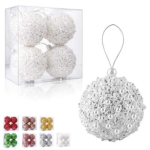 "4.25"" Shatterproof Christmas Ball Ornaments, Set of 4 White Balls for Holiday Tree Decoration"