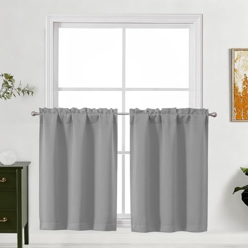 "Lecloud Light Grey Kitchen Curtains 30 Inch Length 2 Pcs, Privacy Modern Room Darkening Short Curtains, Thermal Insulated Drapes Rod Pockets for Cafe Laundry Room Bedroom, Each Panel 30"" W x 30"" L"