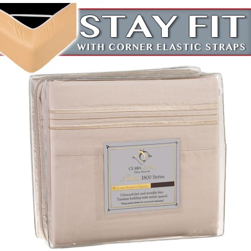 Clara Clark 2000 Series Bed Sheet Sets - Stay fit on mattress with elastic straps at corners - Queen, Beige Cream