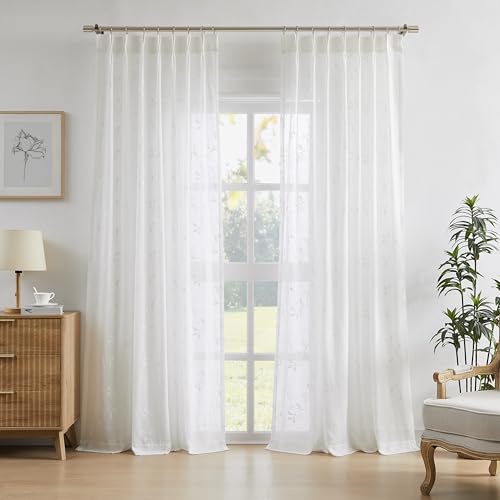 "Vision Home White Floral Pinch Pleated Sheer Curtains Embroidered Leaf Patterned Rustic Light Filtering Window Treatment for Living Room Bedroom Pleat Drapes with Back Tab Hooks 40"" Wx102 Lx2"
