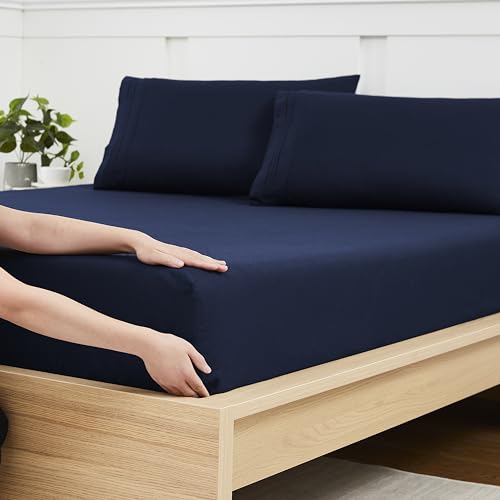 Twin Fitted Sheet Only with Full Elastic & Built in Corner Sheet Straps to Prevent Shifting - Soft & Breathable Brushed Microfiber Bottom Sheet, Twin, Navy Blue
