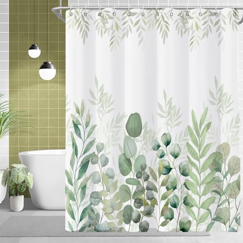 GKLEASG Green Eucalyptus Shower Curtain, Leaf Plant Herbs Spring Nature Waterproof Fabric Machine Washable with Hooks for Bathroom Bathtub Decor 72x72