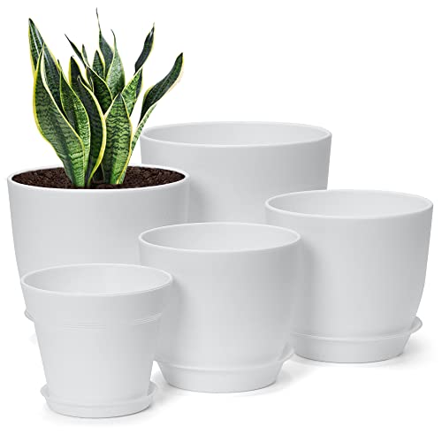 7 Pack Mix Size Plastic Plant Pots, 6.2/5.4/4.8/4.5/4 inch Indoor Planters with Drainage Holes and Tray, Thickened Plastic Flowers Pots for Plants, Succulents, Snake Plant and Cactus, White