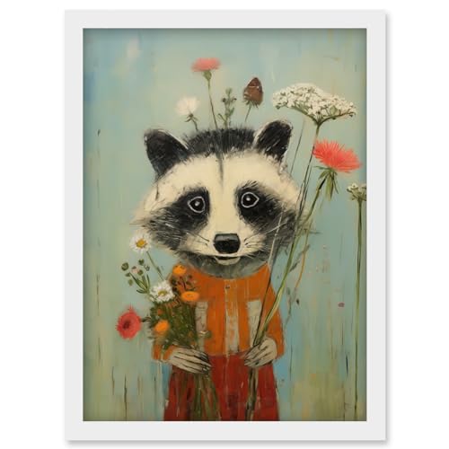 Artery8 Cute Racoon Picking Wildflowers for a Spring Bouquet Oil Painting Amber Orange Baby Blue Kids Bedroom Artwork Framed Wall Art Print A4