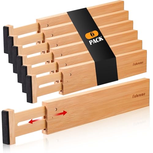 Fabsome Drawer Divider 6 Pack, Bamboo Dresser Organizers for Clothes Socks Underwear Baby Clothing, Wooden Separators for Nursery Organization Adjustable from 13'' to 17'' with Soft Foam Ends
