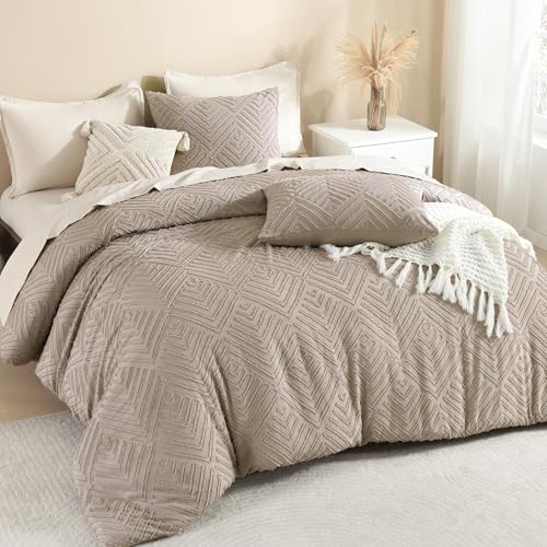 Litanika Super King Size Comforter Set, 3 Pcs Tufted Boho Bedding Set - Light Coffee Farmhouse Shabby Chic Vintage Bohemian Textured Aesthetic Soft Fluffy Lightweight Breathable All Season Bed Set