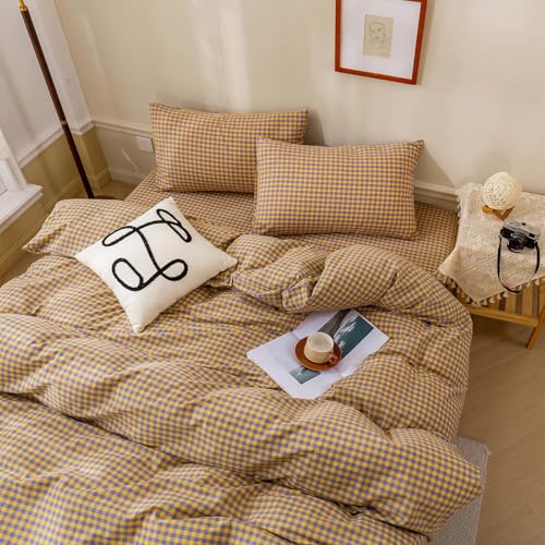 LifeTB Gingham Comforter Set Twin XL Modern Style Purple Yellow Plaid Comforter Set 3 Pieces Soft Fluffy Grid Checkered Pattern Comforter with 2 Pillowcases Farmhouse Gingham Bedding Set Twin XL