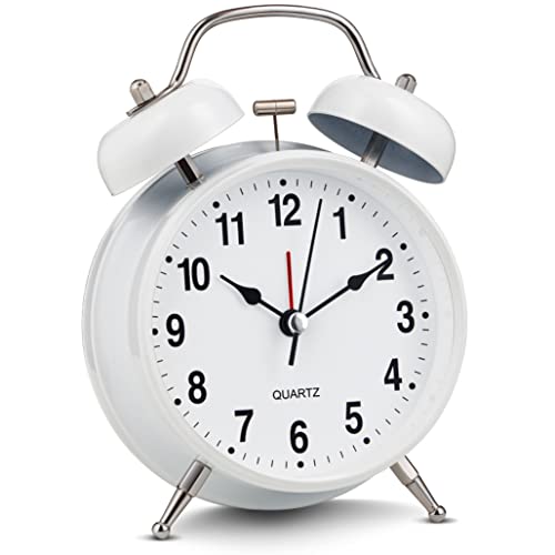 "Bernhard Products Analog Alarm Clock 4"" Twin Bell White Silent Non-Ticking Quartz Battery Operated Extra Loud with Backlight for Bedside Desk, Retro (White)"