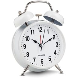 "Bernhard Products Analog Alarm Clock 4"" Twin Bell White Silent Non-Ticking Quartz Battery Operated Extra Loud with Backlight for Bedside Desk, Retro (White)"