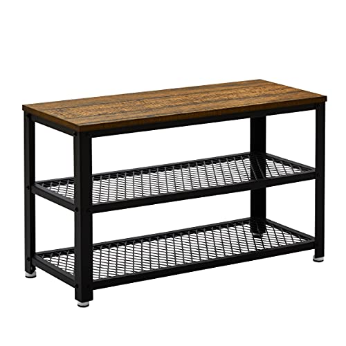 Mondeer Meerveil Shoe Bench, Shoe Rack with 2 Metal Mesh Shelves Industrial Design for Living Room Hallway Entryway, 73 x 30 x 45 cm, Rustic Brown