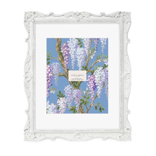 Laura Ashley 11x14 White Ornate Textured Hand-Crafted Resin Picture Frame, Wall Mount, Decorative Floral Design Home D cor, Photo Gallery, Art, More (White, 11x14 (Matted 8x10))