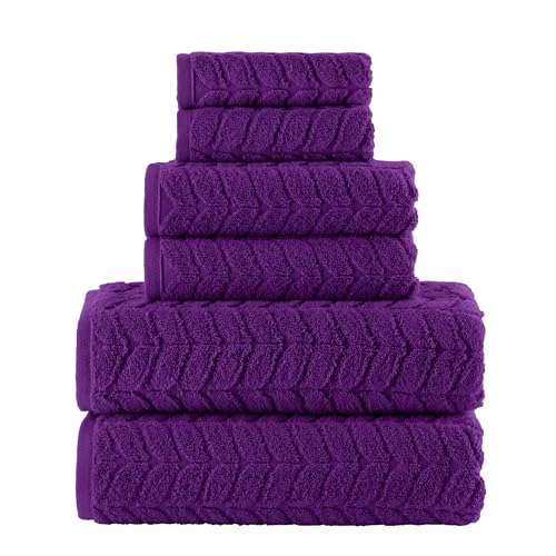 Elegant Comfort Luxury 6-Piece 100% Turkish Cotton Jacquard Braided Textured Premium Hotel Quality Towel Set– Soft and Absorbent, Includes 2 Bath Towels, 2 Hand Towels and 2 Washcloths, Purple