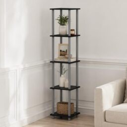 Furinno TURN-N-TUBE Storage Shelves, 5-Tier Square Book Shelf, Corner Shelf, Toolless Open Shelves, Round Tubes, for Organization and Storage, Living Room, Garage, Home Office, Black