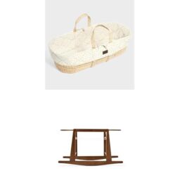 The Little Green Sheep Bundle - Quilted Moses Basket & Mattress, Linen Rice Colour + Rocking Moses Basket Stand, Walnut Colour
