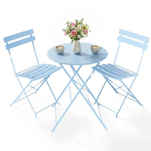 Clevich 3-Piece Folding Patio Bistro Set for Outdoor, Lightweight Rustproof Metal Table & 2 Chairs, Balcony Garden Furniture, 3 Colours Available (blue)