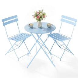 Clevich 3-Piece Folding Patio Bistro Set for Outdoor, Lightweight Rustproof Metal Table & 2 Chairs, Balcony Garden Furniture, 3 Colours Available (blue)