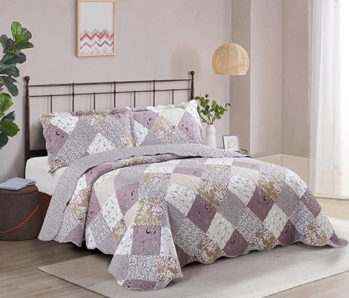 Brilliant Sunshine Lilac and Beige Rose Patchwork, 3-Piece Quilt Set with 2 Shams, Reversible Bedspread, Soft Lightweight Coverlet, All-Season, King, Lilac