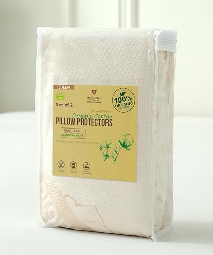 2-Pack Deluxe Organic Cotton Pillow Protectors Queen Size - Certified Organic, Waterproof, Zippered Encasement, Ultra-Soft Knit Fabric, Thick 280 GSM Cotton