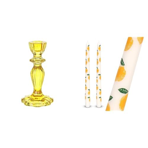 Yellow Glass Candlestick Holder & Lemon Design Tapered Dinner Candles Bundle