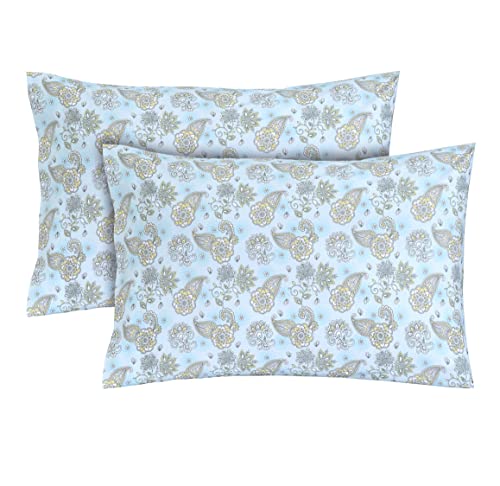 Feather & Stitch 100% Cotton 2 Piece Queen Pillowcases, 300TC Ultra-Soft Pillowcases with Envelope Closure, Wrinkle-Fade-Stain Resistant, 20 x 30 inches, Aqua Paisley