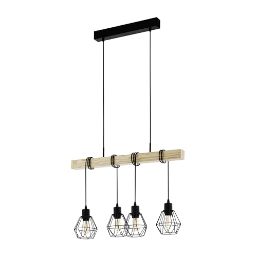 Eglo Pendant Lighting Townshend 5, 4-lamp Vintage Ceiling Light Fitting, Industrial Hanging lamp for Living and Dining Room, Black Metal and Natural Wood, FSC, E27 Socket