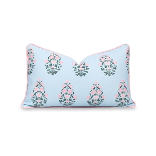 "Hofdeco Premium Coastal Patio Indoor Outdoor Lumbar Pillow Cover Only, 12""x20"" Water Repellent for Backyard, Couch, Baby Blue Blush Pink Floral with Piping"
