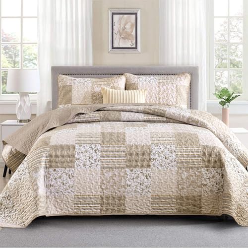 "Mybedsoul Beige Boho Quilt Set King Size, 3 Pieces Plaid Floral Bedspread Set Patchwork Reversible Bedding Set Microfiber Bedding Bedspread Coverlet Set for All Season 90""x104"""