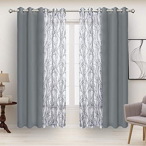 BONZER 4 Panels Set Mix and Match Curtains for Bedroom Living Room - 2 Pieces Branch Print Sheer Curtains & 2 Pieces Blackout Curtains Dining Room Grommet Window Drapes, 37x84 Inch, Light Grey