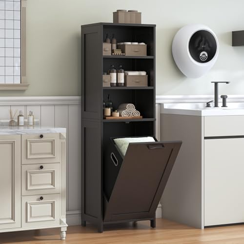 Feonase Compact Bathroom Cabinet with Detachable Laundry Hamper, Narrow Freestanding Storage Unit with 3 Open Shelves for Bathroom, Laundry Room, Hallway, Black