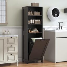 Feonase Compact Bathroom Cabinet with Detachable Laundry Hamper, Narrow Freestanding Storage Unit with 3 Open Shelves for Bathroom, Laundry Room, Hallway, Black