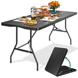 YITAHOME 6ft Folding Camping Table with Handle, Heavy Duty Waterproof Picnic Table, Foldaway Pasting Table, Portable Trestle Table for Outdoor Party Beach BBQ, 180 x 75 x 74cm, Black