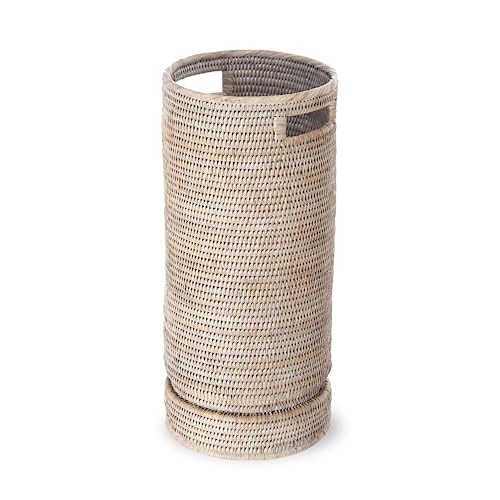 KOUBOO La Jolla Rattan Round Umbrella Stand with Water Catch, White Wash