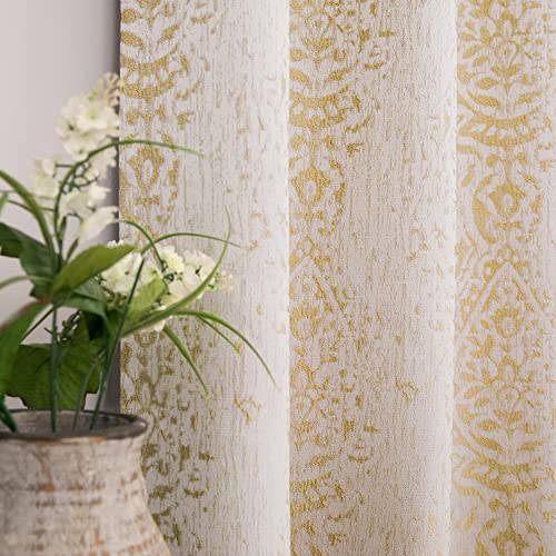 Mandala Damask Curtains Extra Long Light Filtering Gold and Greyish Cream White Curtains for Living Room 52x90 Inch Set of 2