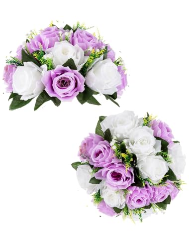 BLOSMON Flower Centerpieces for Tables Wedding 2 Pcs Lilac & White Fake Flowers Rose Arrangement Bouquet Floral Centerpiece Balls Artificial Wedding Center Pieces of Valentines Day Home Decor