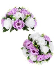 BLOSMON Flower Centerpieces for Tables Wedding 2 Pcs Lilac & White Fake Flowers Rose Arrangement Bouquet Floral Centerpiece Balls Artificial Wedding Center Pieces of Valentines Day Home Decor