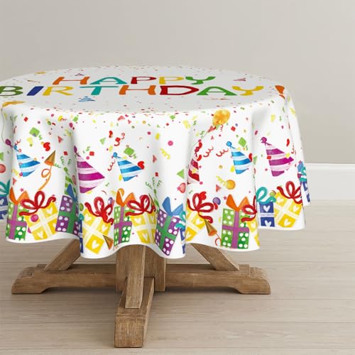 Horaldaily Birthday Tablecloth 70x70 Inch Round, Happy Birthday Ballon White Washable Seasonal Table Cover for Party Picnic Dinner Decor