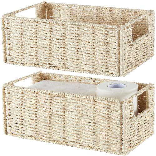 Vagusicc Wicker Storage Basket, Small Storage Basket Woven Wicker Baskets for Organizing with Handles Foldable Storage Bins Toilet Paper Basket for Toilet Tank Bathroom Small Baskets Set of 2, Beige