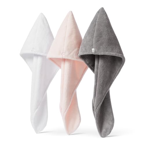 Amazon Basics Quick-Dry Microfibre Hair Towel Wrap, Hair-Drying Towel, White/Grey/Pink, 3-Pack