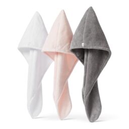 Amazon Basics Quick-Dry Microfibre Hair Towel Wrap, Hair-Drying Towel, White/Grey/Pink, 3-Pack
