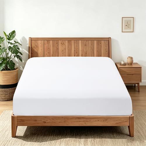"100% Egyptian Cotton Fitted Sheet Twin Queen Size Only - Ultra Soft 16"" Deep Pocket Bottom Sheet Only, Breathable Comfy, Hotel Quality, Snug-Fit, Durable, White"
