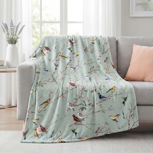 Horaldaily Spring Summer Birds Branch Green Flannel Throw Blanket 60x80 - All Season Using Ultra Soft Fuzzy Plush Cozy Non-shedding Blanket for Couch Sofa Bed Camping, Ideal Gift for Kids Adults